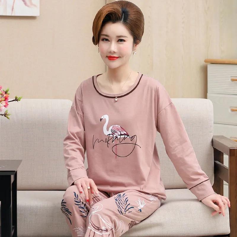 Women Pajamas Set Cotton Sleepwear Suit Spring Autumn Long Sleeve Pyjamas Casual Loose Home Wear Pullover Nightwear with Round Collar