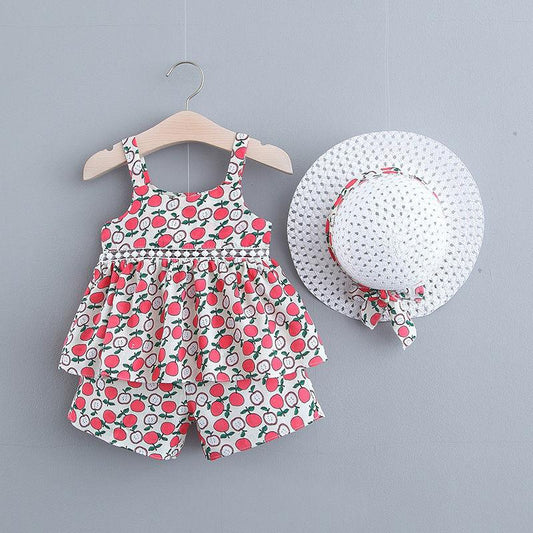 3PCS Children Clothing Set Spring Summer Sling Girls Suits Sleeveless Chrysanthemum Tops + Pants + Hats Clothing Set