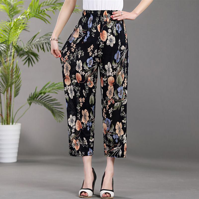 Women's Summer High Waist Wide Leg Floral Casual Pants Large Size Loose Elastic Waist Simple Slim and Comfortable Leggings