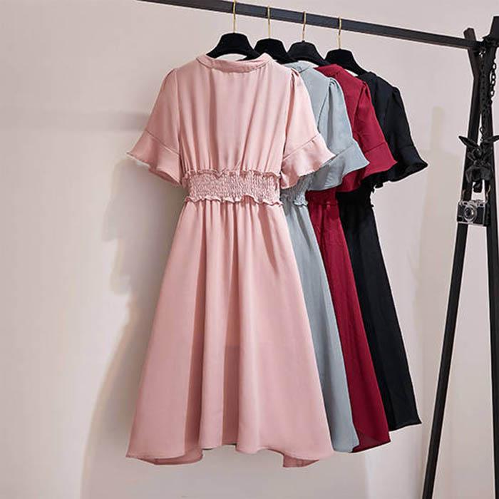 L-5XL Women V-neck Elastic Waist Red Dress Plus Size Slim Short-sleeved Long A-line Dress