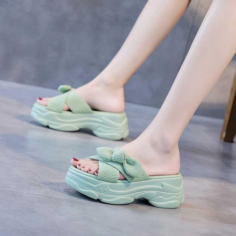 Size35-39 Summer Women Slippers Bohemian Beach Wear-resistant Slippers Wedge Platform Cross Bow Sandals Outdoor High Heels