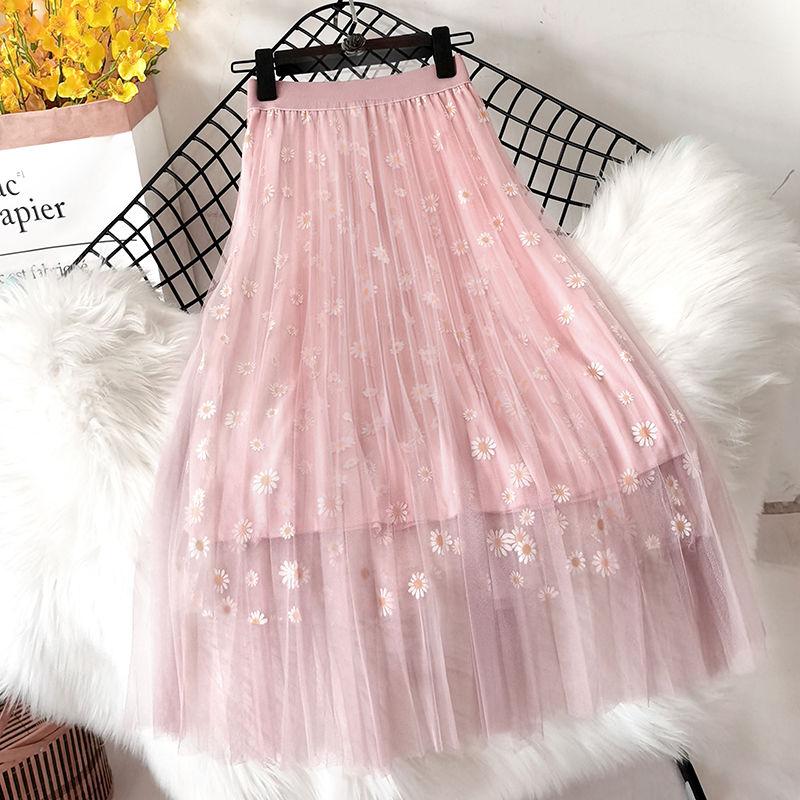 Mesh Skirt, Small Daisy Floral High Waist Thin A-line Skirt 3-layer Mid-length Pleated Skirt Large Skirt Ladies Mesh Skirt Print Decoration