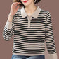 Women's Fashion Striped Lapel Knit Sweater Black and White Striped Loose Casual Plus Size Sweater