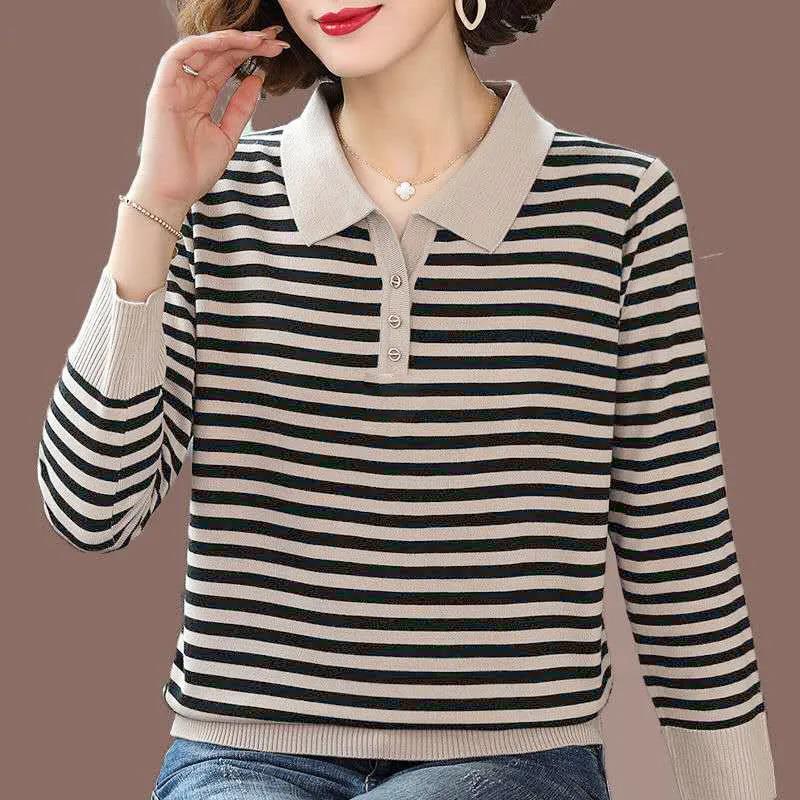 Women's Fashion Striped Lapel Knit Sweater Black and White Striped Loose Casual Plus Size Sweater