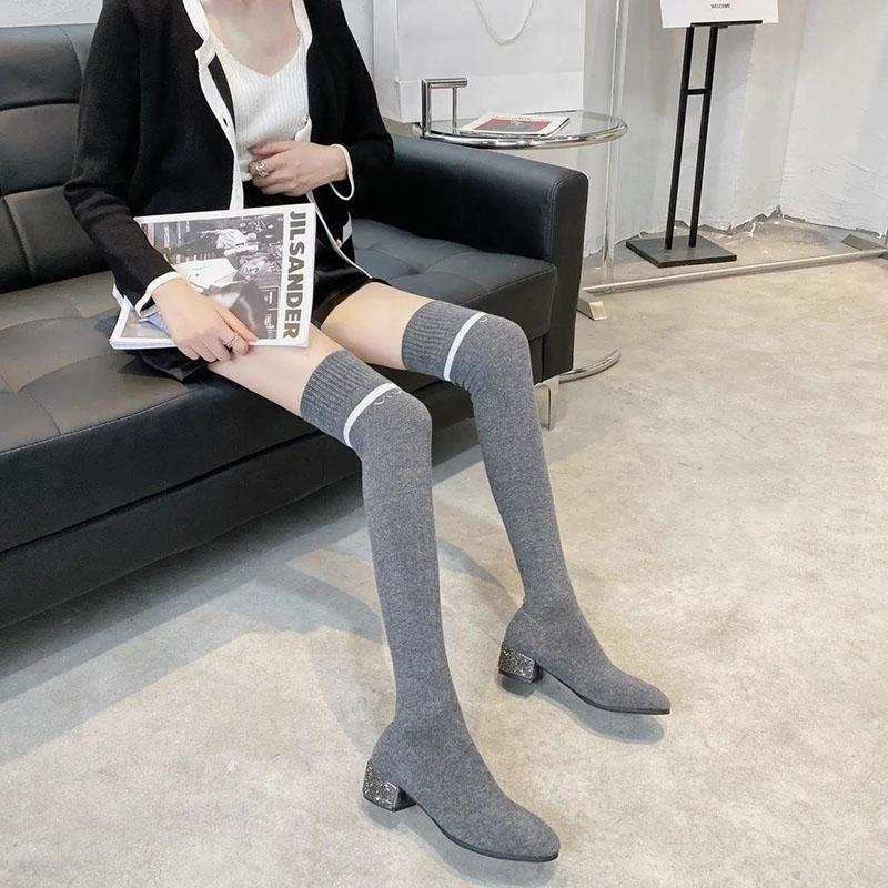 Over-the-knee Boots Socks Shoes Women's Autumn and Winter Knitted Stretch Socks Boots Mid-heel Stovepipe Long Tube High Boots