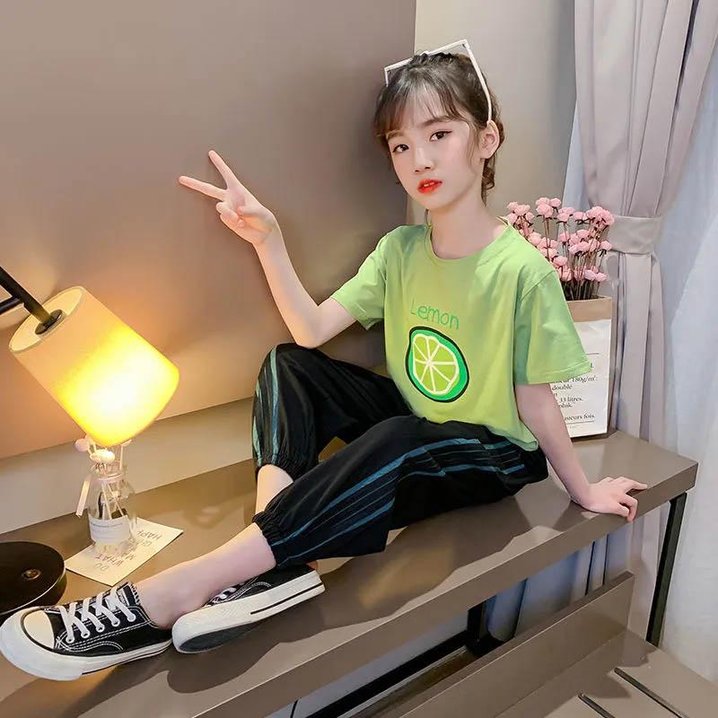 Girls Summer Green Printed Short Sleeves + Low Waist Beam Ninth Pants Loose Casual Simple Style Children's Thin Two-piece Set