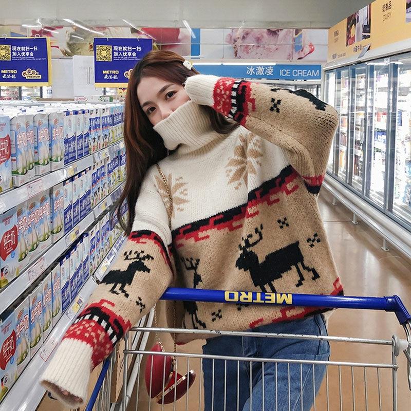 Pofulove Christmas Turtleneck Sweater Women Winter Loose Elk Thickened Pullover Lazy Wind Tide