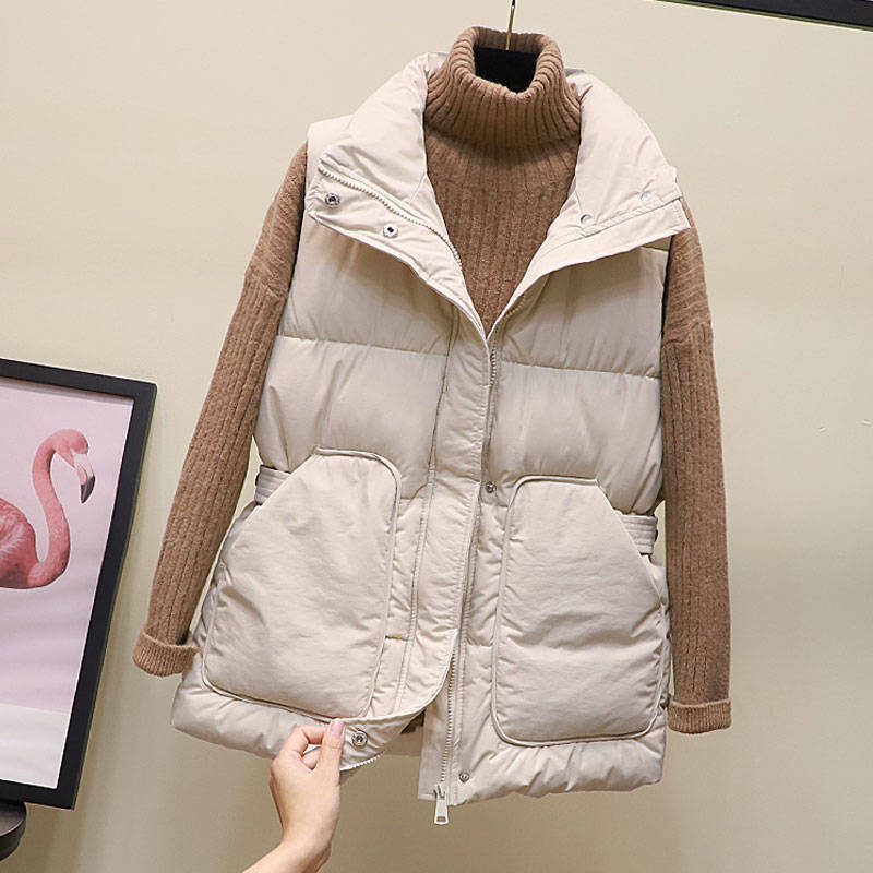 Autumn and Winter Korean Style Temperament Vest Solid Color Stand-up Collar Tie Coat Thickening Short Female Down Cotton Vest