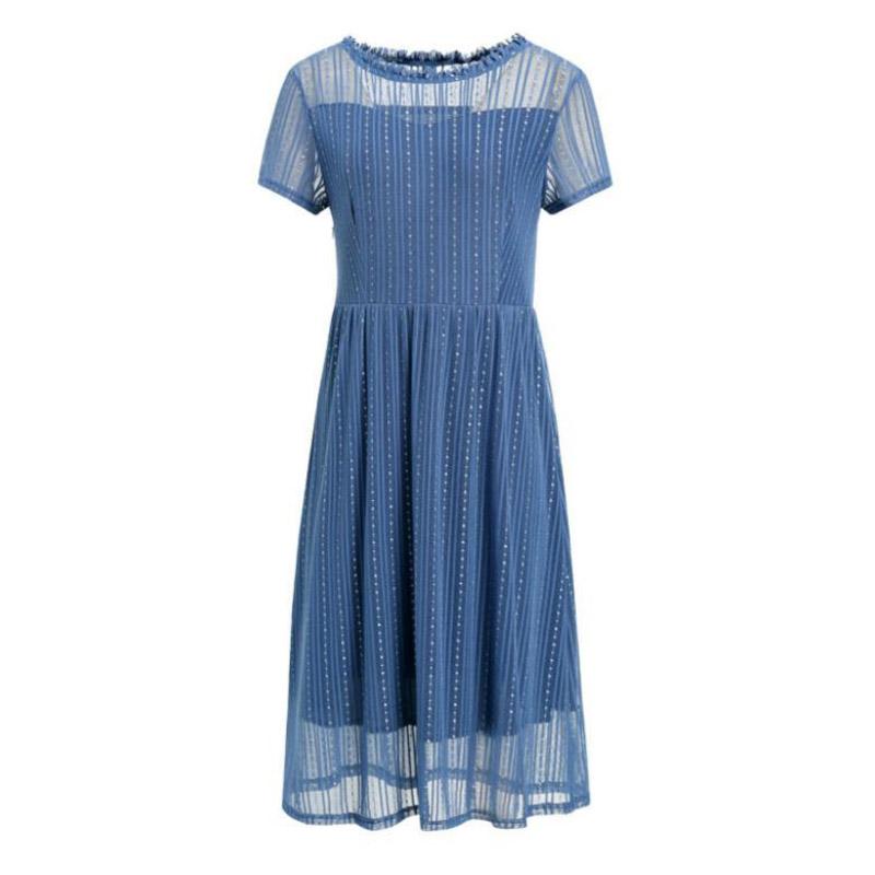 Women's Spring Summer Short-sleeved Dress Mesh Gauze Waist Thin Fake Two-piece Middle Skirt Pure Color Ladies Banquet Dress