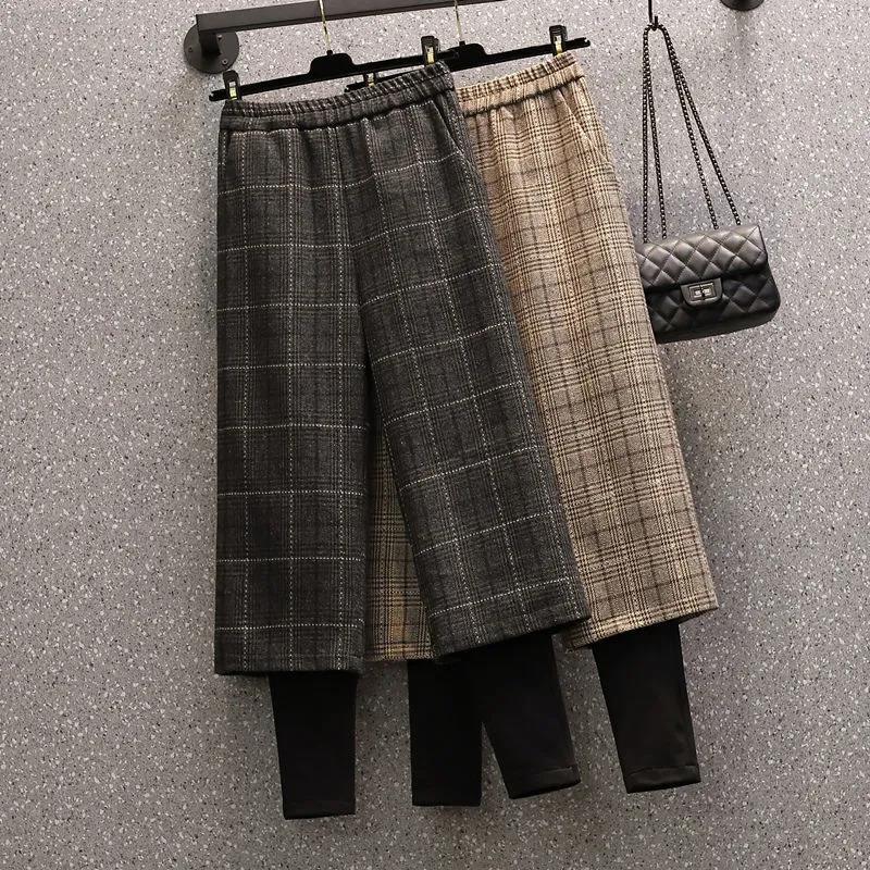 Plus Size Autumn and Winter Fat Sister 200 Kg High Waist Straight Loose Fake Two-piece Woolen Plaid Pants Fake Two-piece Leggings