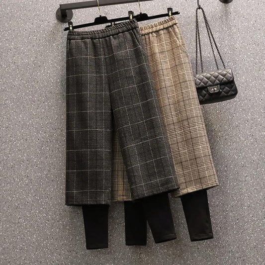 Plus Size Autumn and Winter Fat Sister 200 Kg High Waist Straight Loose Fake Two-piece Woolen Plaid Pants Fake Two-piece Leggings