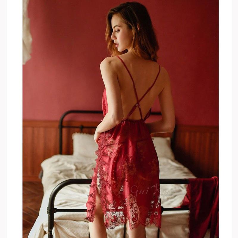 Women's Embroidered Pajamas Dresses Two-piece Summer French Style Sexy Lace Hollow Suspender Nightdress Slit Show Back Sexy Homewear