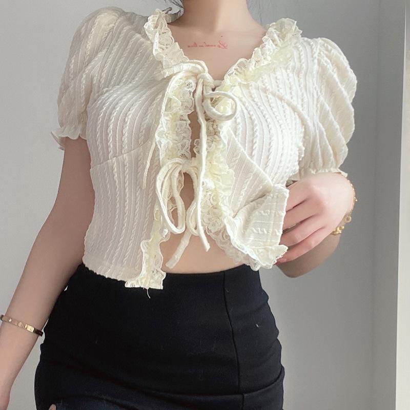 Women's T-shirt Ruffles Lace Up Sweet Cropped Tops Summer Knitted Casual Puff Sleeve Chic Y2K T-shirts Elegant Fashion Korean Tee