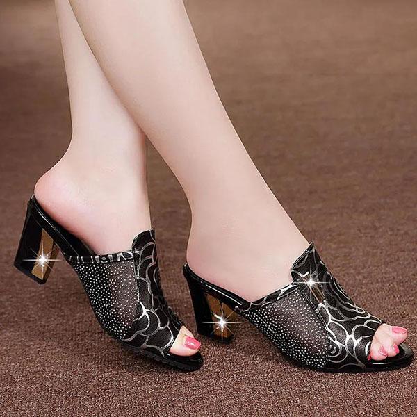 Large Size All-match Sandals Women's High-heeled Mesh Slippers Solid Color Breathable Summer Fish Mouth Sandals