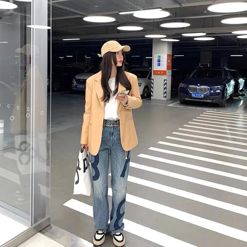 Letter Stitching Denim Trousers Women's Contrast Color Early Spring Casual Fashion Trend All-match Show High Leg Length
