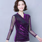 Women's Spring Autumn Long Sleeve Top V-Neck Slim Fit Mesh Bottoming Shirt