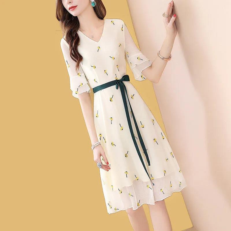 Women Spring Summer Cascading Ruffles Flower Print Dress V Neck Half Sleeve Knee Length Dress Female A Line Party Dress