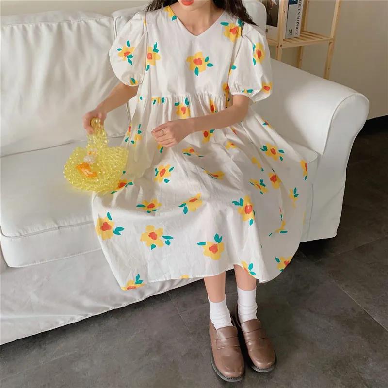 Women's Summer Long Dress Puff Sleeve Floral V-Neck A-Line Dress