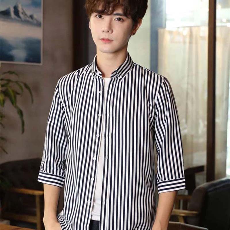 Spring and Summer Men's Mid-sleeve Striped Shirt Young Men's Summer Half-sleeve Casual Shirt