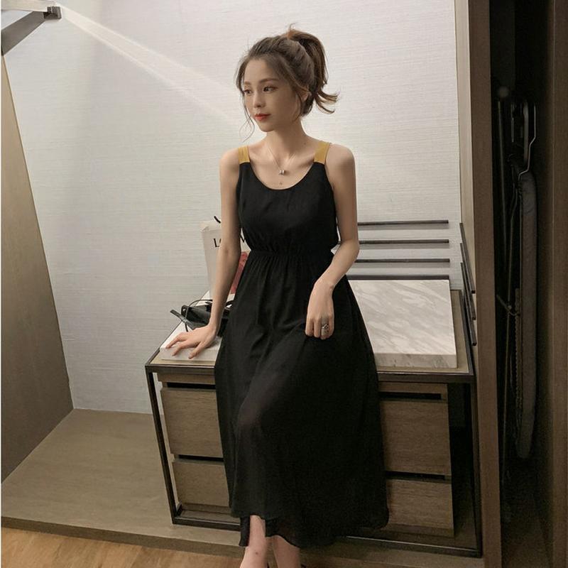 Black Sexy S-XL Women's Chiffon Dress Backless Bowknot Sleeveless Solid Color Elastic Waist Mid-calf Daily Wear Office Dating Party