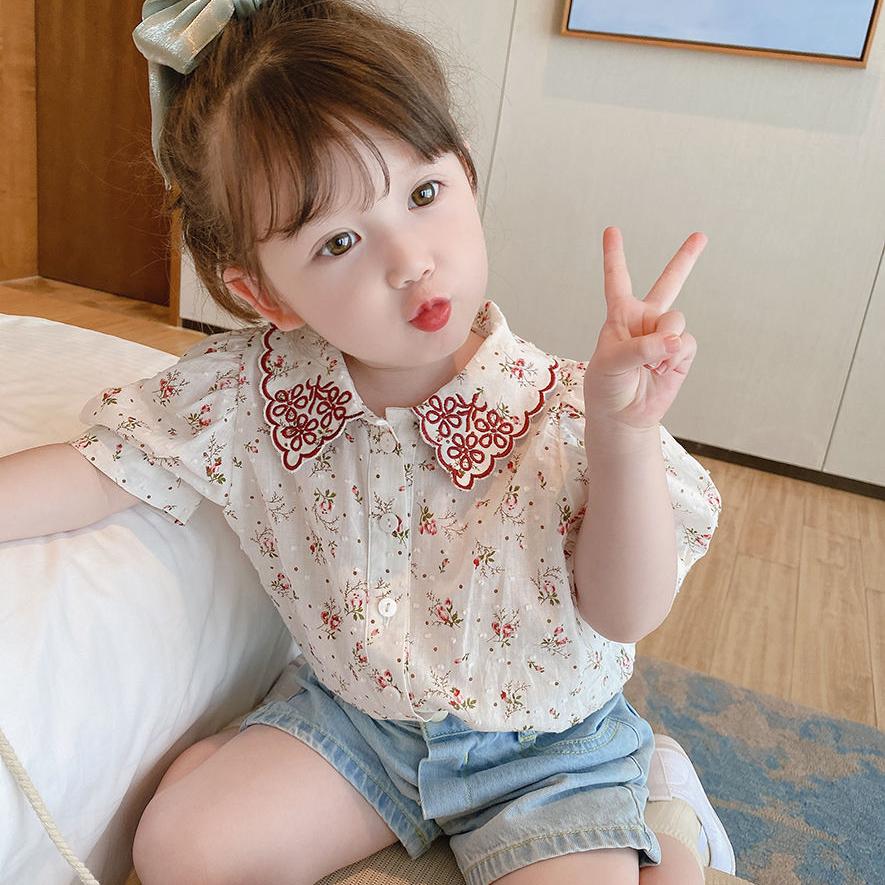Children's Top Summer Thin Girl's Retro Style Shirt Floral Embroidery Bubble Sleeve Pleated Shirt