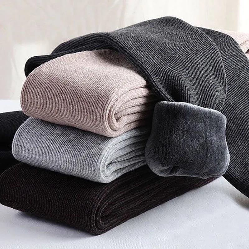 Cotton Trousers Women's Thickened and Velvet Leggings Autumn and Winter Wear Thin Vertical Threaded High Waist Warm Pants Step on The Foot Pants