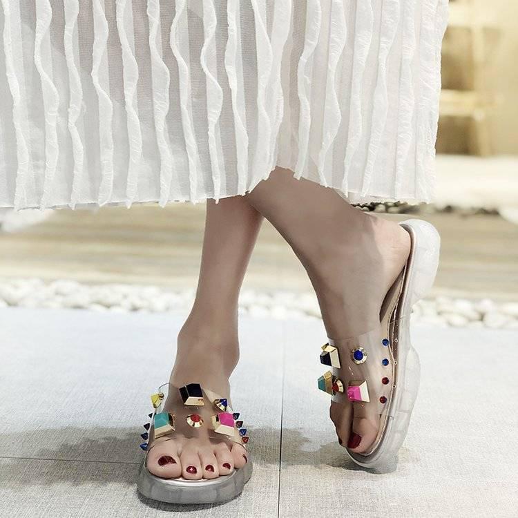 Student shoes ins slippers female crystal sole sports sandals transparent word belt colorful rivets