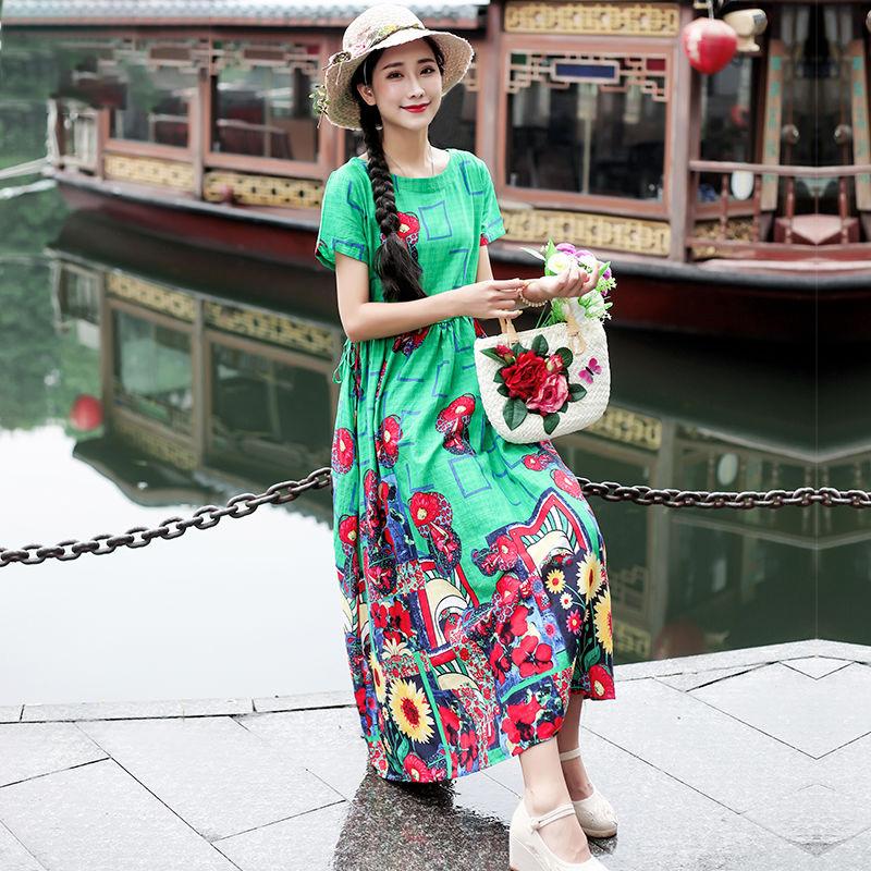 Women Ethnic Style Printed Dress Summer Loose Large Size Short-sleeved Literary Retro Waist Long Skirt