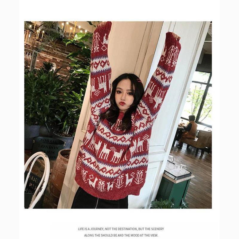 Loose  Long Sleeve Sweater  Red Christmas Pullover Autumn and Winter Sweater Female  Korean Student Snowflake Sweater
