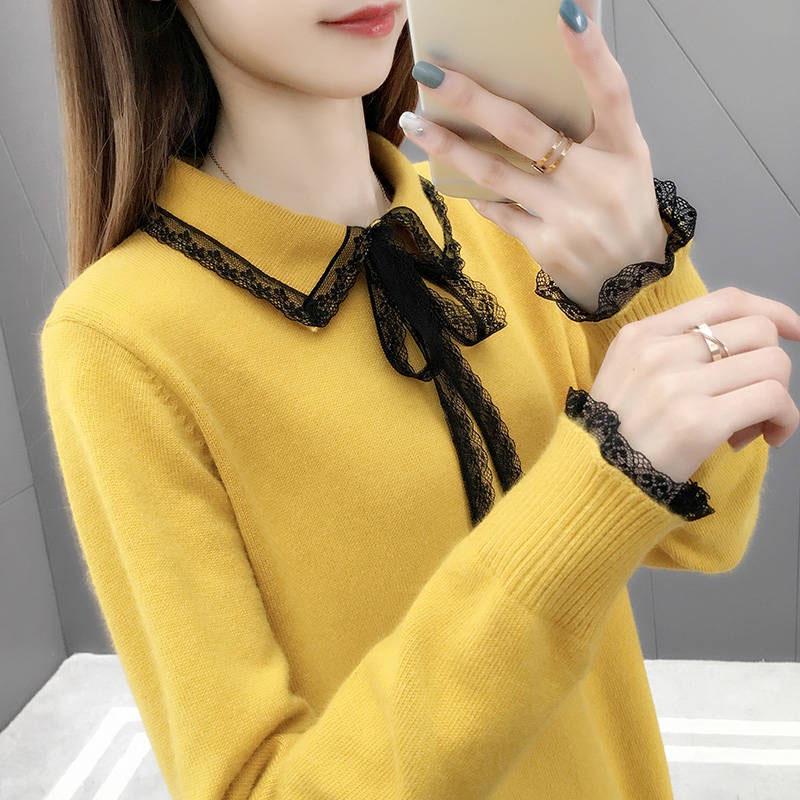 Women Sweaters Pullovers  Autumn Winter Lace Turn-down Collar Knit Sweater Fmeale Jumper Women Knitwear