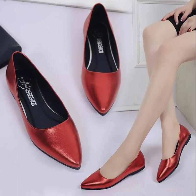 Peas Shoes Women Shallow Mouth Flat Pointed Patent Leather Casual Leather Shoes Work Shoes Soft Leather Non-slip Flat Shoes Comfortable