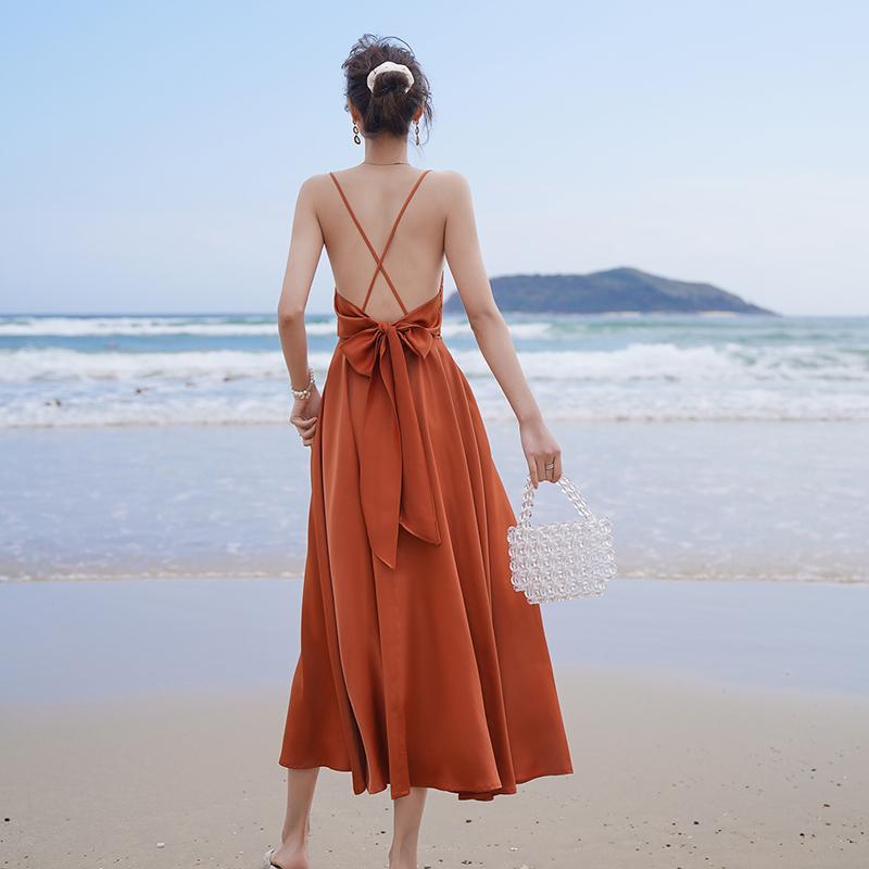 Summer New Style Female Slim Mid-length Halter Slim V-neck High-waist Seaside Holiday Suspender Dress