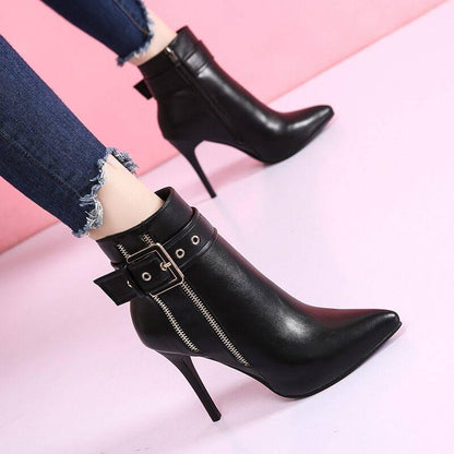 Women's Short Boots Leather Winter Martin Boot Pointed Toe High Heel Stylish Ankle Zipper Warm