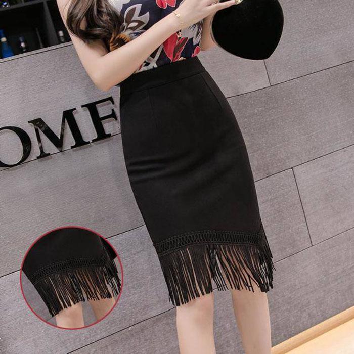 Pofulove S-2XL Women Irregular Fringe Black Skirt Anti-light Thin Bag Hip Skirts Mini A-line Skirt