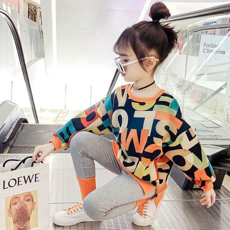 Girls Long-sleeved Spring and Autumn Two-piece Set Simple Fashion Letter Printing Pullover Sweater Slim Trousers Sports and Leisure Children Clothing
