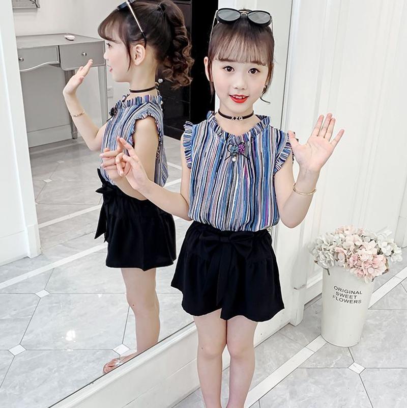 2PCS Children Clothing Set Spring Summer Girls Suits Printing Sleeveless Stripe Tops + Pants Clothing Set