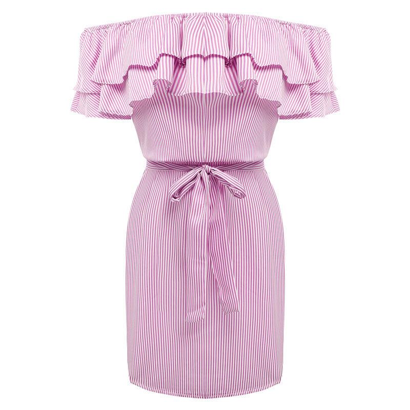 Large Size Women's Summer Dress One-shoulder Fashion Ruffled Striped Loose Waist Dress Casual Strapless