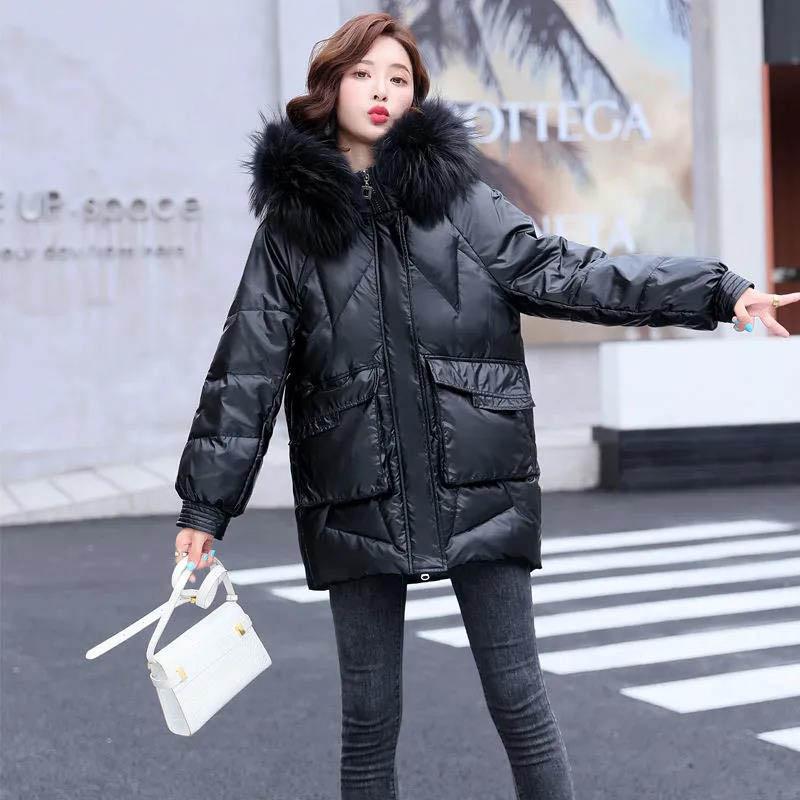 White Duck Down Jacket Women's Mid-length Large Fur Collar Bright Face Wash-free Thick Coat