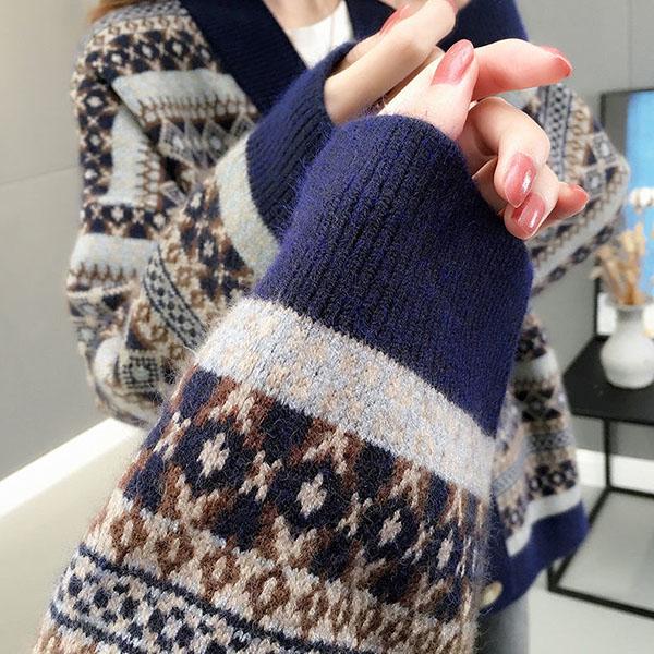 Autumn Winter Vintage Printed Cardigan Sweater Korean Knitwear Casual Loose V-neck Knitted Cardigan Coat tops