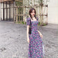 Women's Summer Puff Sleeve Floral Skirt Mid Length Slit Square Neck Dress