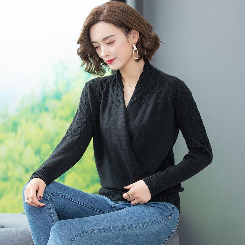 Women's Solid Color Woollen Sweater Loose Plus Size Cross V-neck Sweater Pullover Wool Knit Jumper