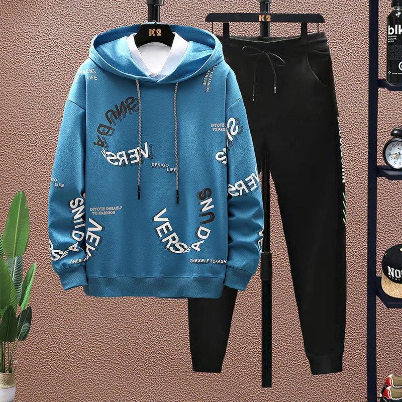 Men Pullover Suit Spring Hooded Pullover and Casual Pant School Trend Sweater Suit  Sports Suit