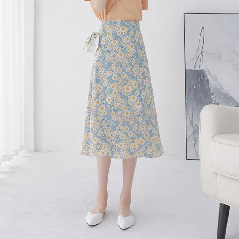 Floral Skirt Women's A-line Skirt Is Thin High Waist Chiffon Printed Midi Skirt Small Daisy Flower Skirt