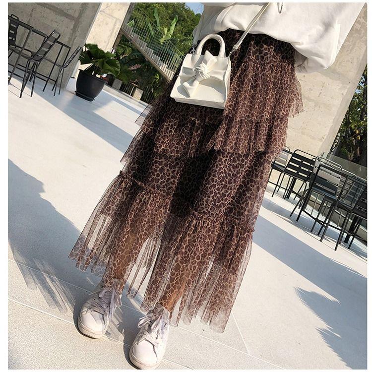 Elastic High Waist Long Tulle Skirt Women Irregular Hem Mesh Tutu Skirt Summer Leopard Print Skirt