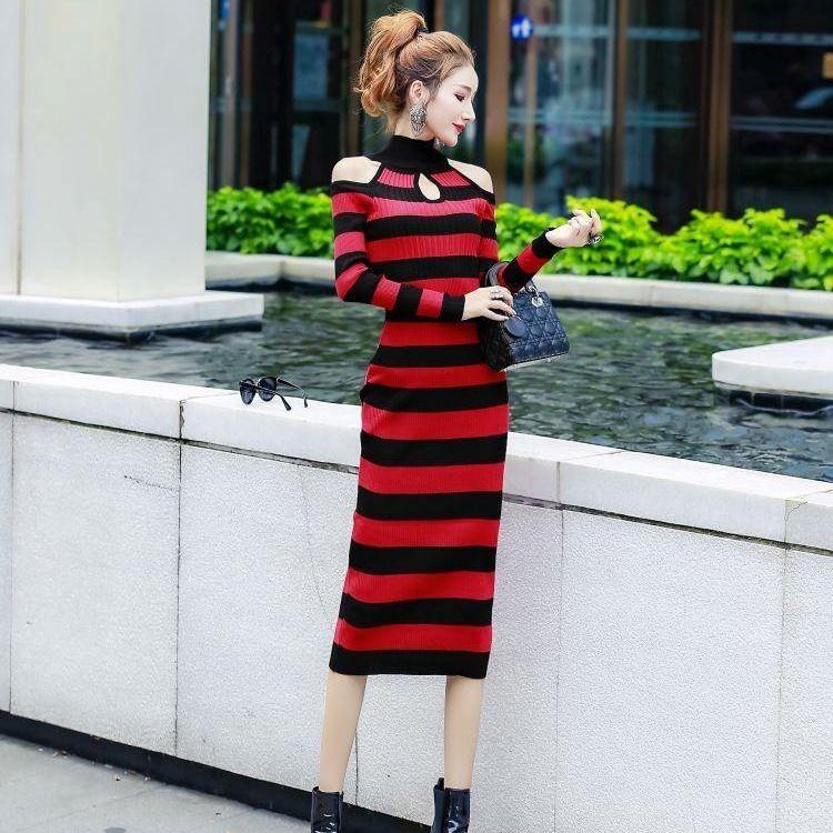European and American Autumn  Winter Sexy Soff-shoulder Turtleneck Sweater Dress Long Slim Striped Knitted Dress Bottoming Pencil Dress