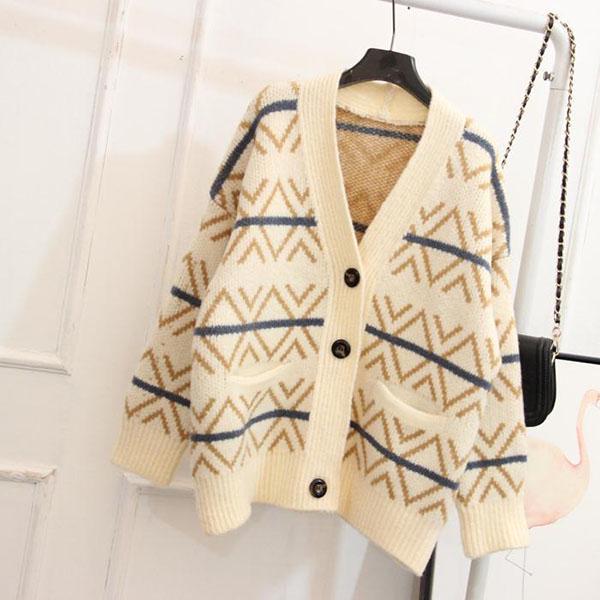 Women Vintage Printed Checked Sweater Cardigan with Pockets Outerwear Casual Thick Knitted Jacket Coat