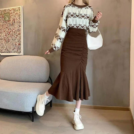 Wrench Cord Velvet Hip Skirt Autumn and Winter Waist Slim A Word Skirt Children Lotus Pleated Fish Tail Skirt