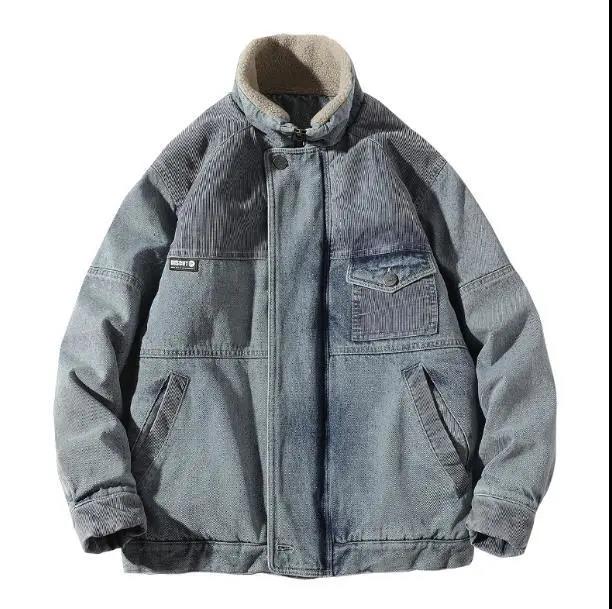 Winter Tide Brand Lamb Velvet Stand-collar Denim Cotton Jacket Men's Loose Thick Casual Couple Retro Tooling Cotton Jacket