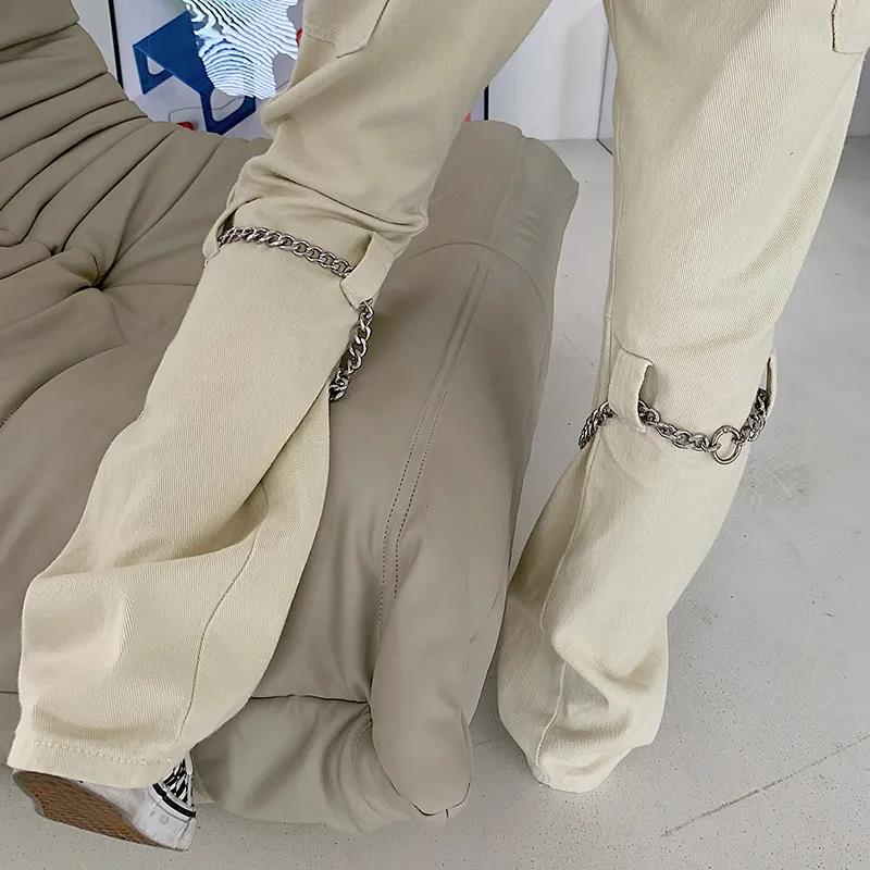 Skinny Design Inductive Chain Straight Jeans Female Loose High Waist Wide Leg Pants Personality Street