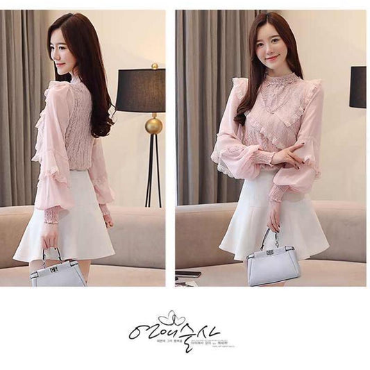 Super Fairy Lace Chiffon Shirt Women's Long-sleeved Lantern Sleeve Fashion Western Style All-match Lady Blouse